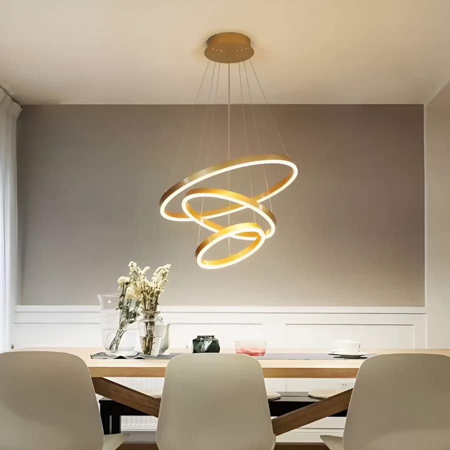 Κρεμαστός πολυέλαιος LED με τηλεχειριστήριο ELIZABETH, 84W, 3 κύκλοι, κρύο/θερμ/ουδέτερο φως, ρυθμιζόμενο, γυαλιστερό χρυσό, ρυθμιζόμενο ύψος