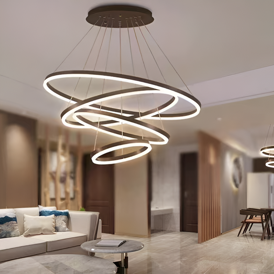 Κρεμαστός πολυέλαιος LED με τηλεχειριστήριο CASIANA 130W, 4 κύκλοι, Κρύο/Ζεστό/Ουδέτερο φως, Ρυθμιζόμενο, Μαύρο, Ρυθμιζόμενο ύψος