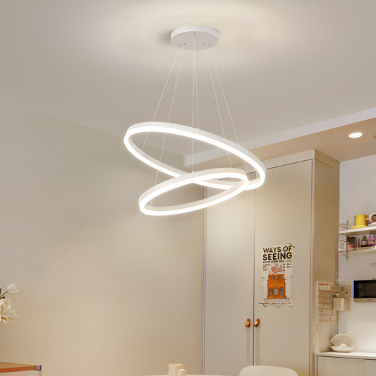 Κρεμαστός πολυέλαιος LED με τηλεχειριστήριο CHRISTINE, 69W, 2 κύκλοι, Κρύο/Ζεστό/Ουδέτερο φως, Ρυθμιζόμενο, Λευκό, Ρυθμιζόμενο ύψος