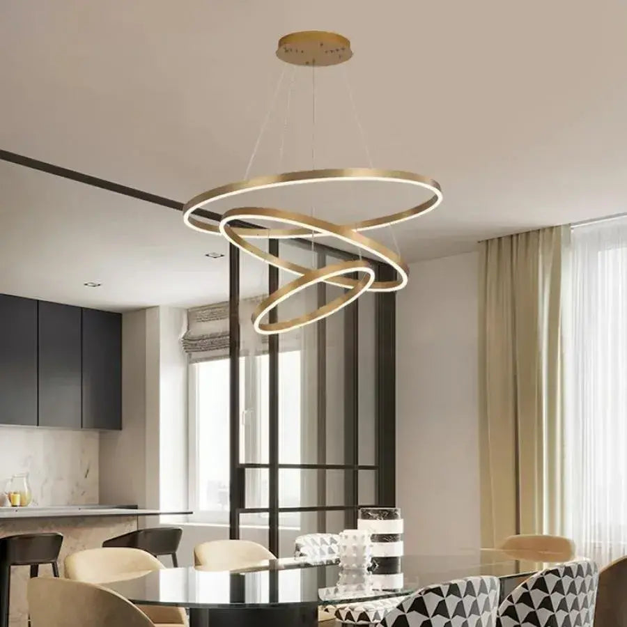 Κρεμαστός πολυέλαιος LED με τηλεχειριστήριο AZARIAH 130W, 3 κύκλοι, Κρύο/Ζεστό/Ουδέτερο φως, Ρυθμιζόμενο, Γυαλιστερό χρυσό, Ρυθμιζόμενο ύψος