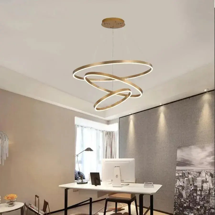 Κρεμαστός πολυέλαιος LED με τηλεχειριστήριο AZARIAH 130W, 3 κύκλοι, Κρύο/Ζεστό/Ουδέτερο φως, Ρυθμιζόμενο, Γυαλιστερό χρυσό, Ρυθμιζόμενο ύψος