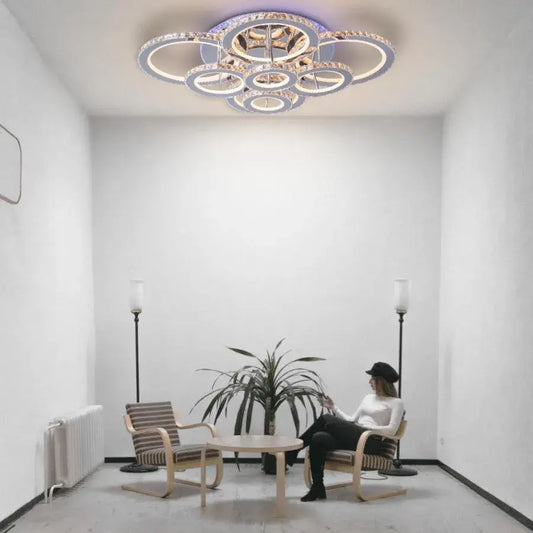 Πολυέλαιος LED με τηλεχειριστήριο και κρύσταλλο LIA RGB 182W, 8 κύκλοι, Κρύο/Ζεστό/Ουδέτερο φως, Ρυθμιζόμενο, Γυαλιστερό χρώμιο λευκό