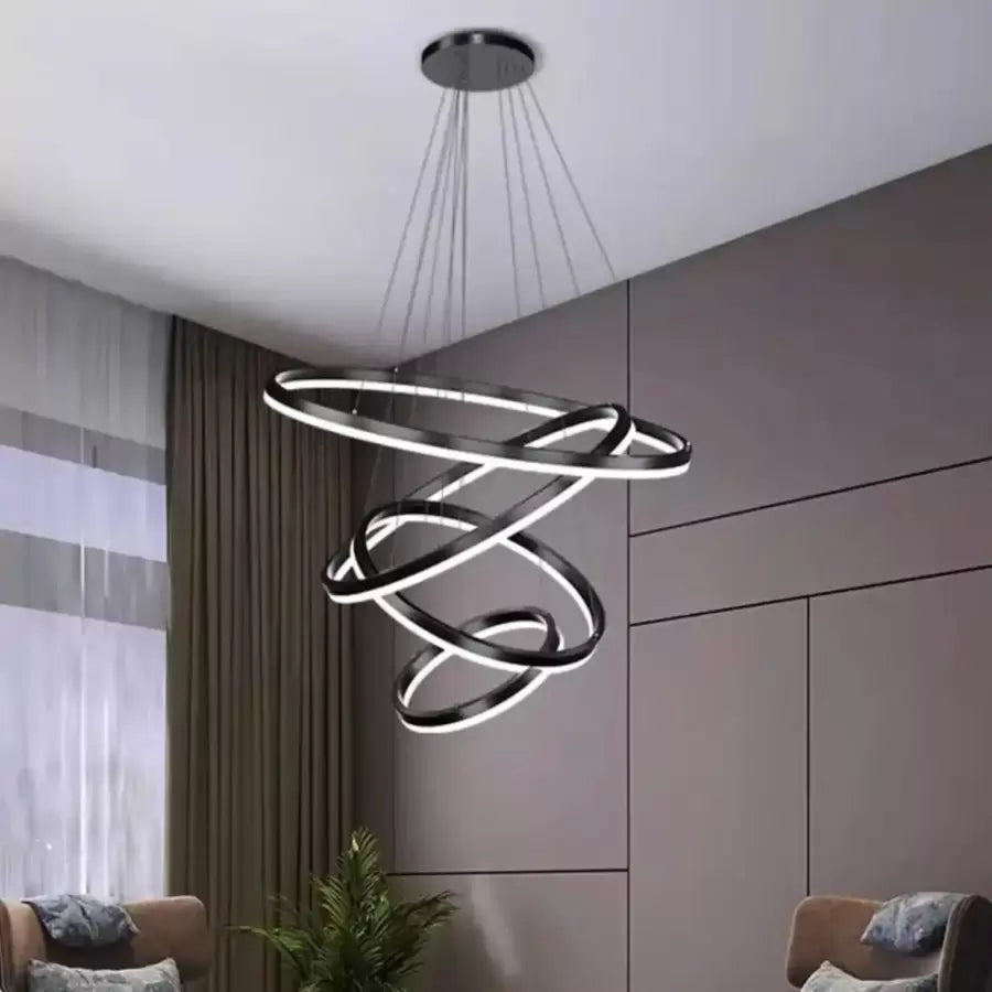 Κρεμαστός πολυέλαιος LED με τηλεχειριστήριο AZARIAH 112W, 4 κύκλοι, Κρύο/Ζεστό/Ουδέτερο φως, Ρυθμιζόμενο, Μαύρο, Ρυθμιζόμενο ύψος