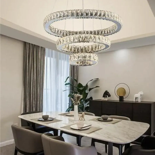 Κρεμαστός πολυέλαιος LED με τηλεχειριστήριο και κρύσταλλο TEATRU 36W, 3 κύκλοι, κρύο/θερμ/ουδέτερο φως, ρυθμιζόμενο, γυαλιστερό χρώμιο, ρυθμιζόμενο ύψος