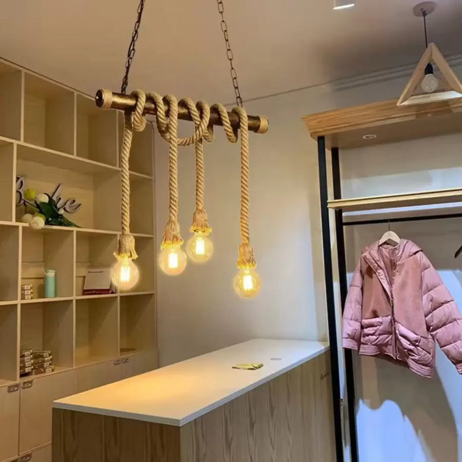 Vintage πολυέλαιος με σχοινί Pedro, 4 x E27 κλειστό ξύλο