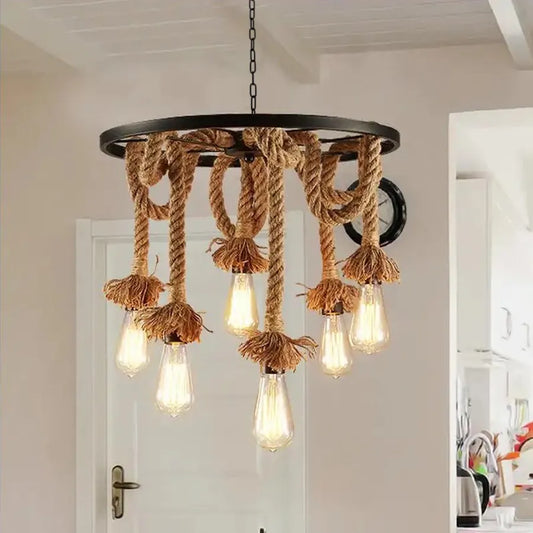 Πολυέλαιος Τροχός, 6 x E27, Καφέ, Μεταλλικός / Χορδ