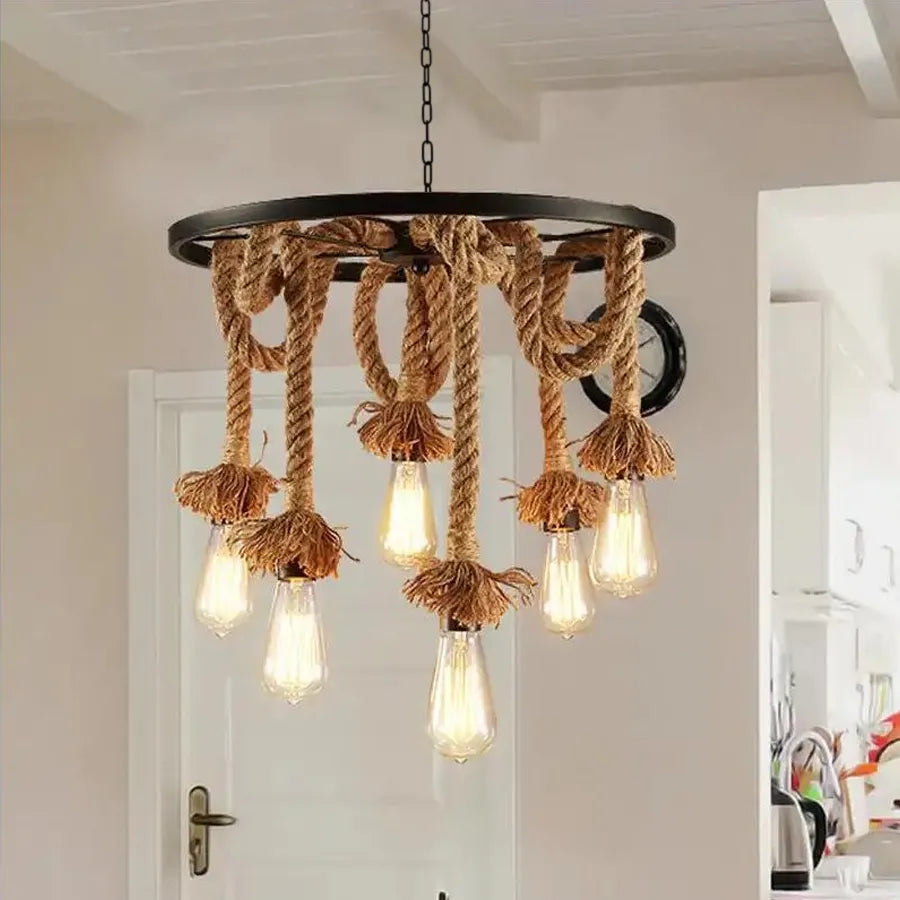 Πολυέλαιος Τροχός, 6 x E27, Καφέ, Μεταλλικός / Χορδ