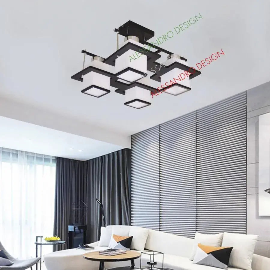 Aramis Classic Πολυέλαιος με ξύλο, Τετράγωνο αμπαζούρ, 4 X E27 Socket, Λευκό / Μαύρο