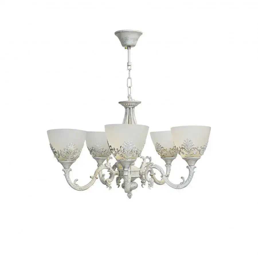 Πολυέλαιος VINTAGE, Τύπος κρεμαστό, COTTAGE, Κυκλικό, 5xE27, Γυαλί και Μέταλλο, Λευκό