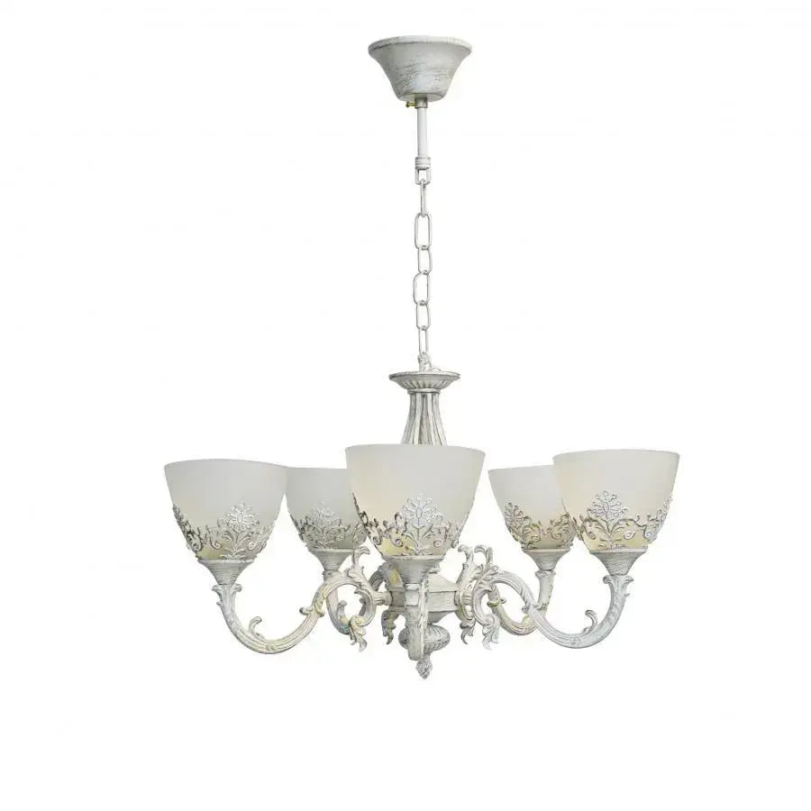 Πολυέλαιος VINTAGE, Τύπος κρεμαστό, COTTAGE, Κυκλικό, 5xE27, Γυαλί και Μέταλλο, Λευκό