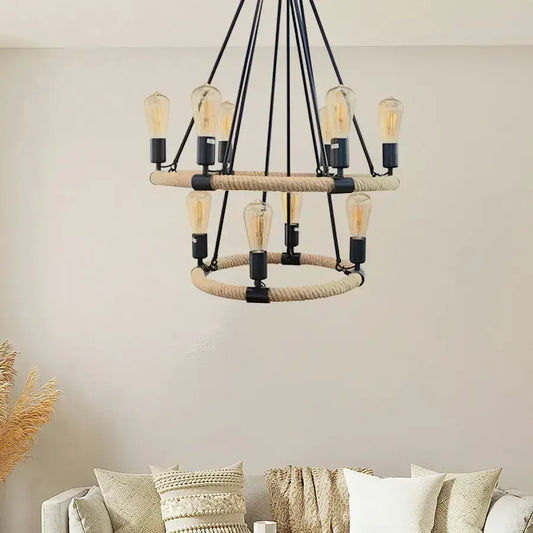 Ρουστίκ πολυέλαιο, 10*e27, καφέ, μέταλλο και νήμα