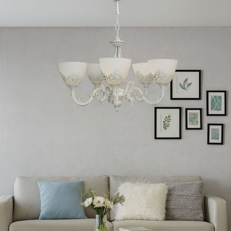 Πολυέλαιος VINTAGE, Τύπος κρεμαστό, COTTAGE, Κυκλικό, 5xE27, Γυαλί και Μέταλλο, Λευκό