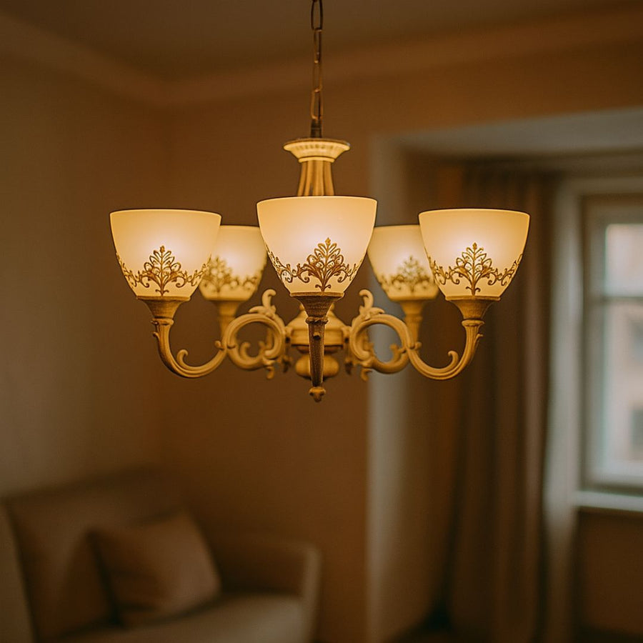 Πολυέλαιος VINTAGE, Τύπος κρεμαστό, COTTAGE, Κυκλικό, 5xE27, Γυαλί και Μέταλλο, Λευκό