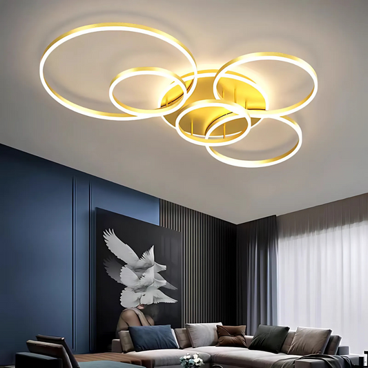 Lustra LED cu Telecomnda DARIO, 5 cercuri, 138W, Lumina Calda/Rece/Neutra, Dimabila, Auriu