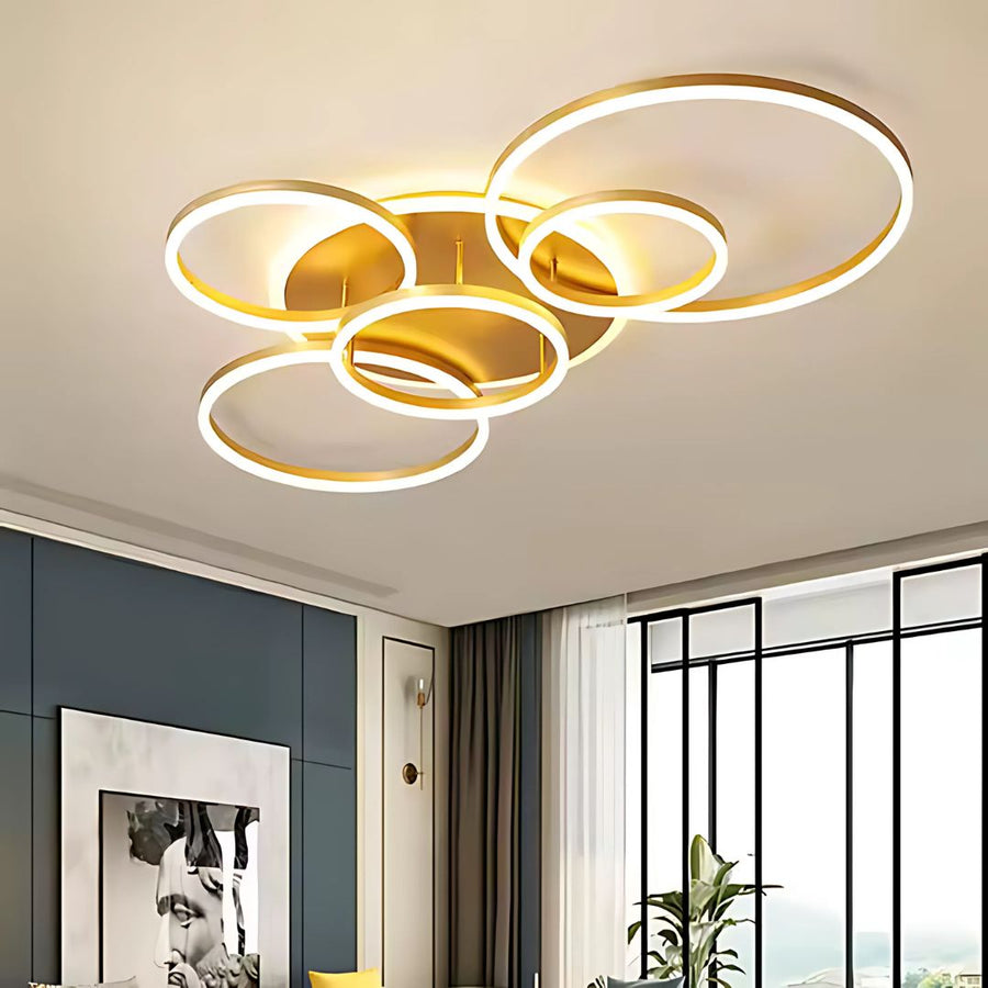 Πολυέλαιος LED με Τηλεχειριστήριο DARIO, 5 κύκλοι, 138W, Θερμό/Ψυχρό/Ουδέτερο φως, Ρυθμιζόμενο, Χρυσό