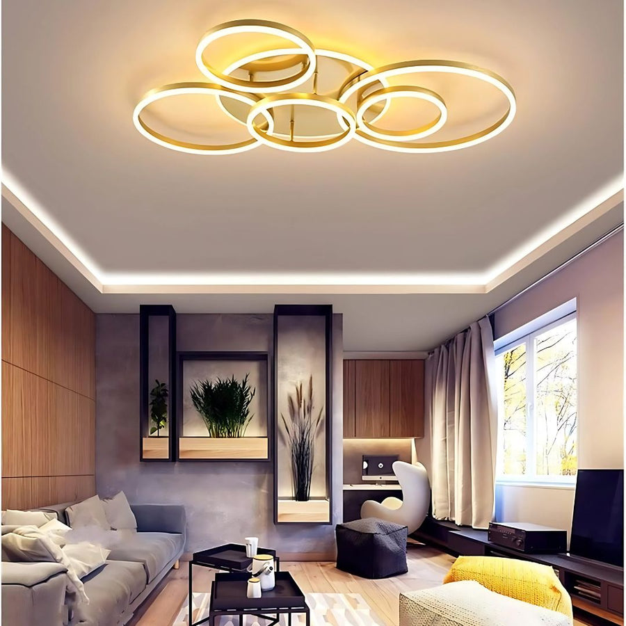 Πολυέλαιος LED με Τηλεχειριστήριο DARIO, 5 κύκλοι, 138W, Θερμό/Ψυχρό/Ουδέτερο φως, Ρυθμιζόμενο, Χρυσό