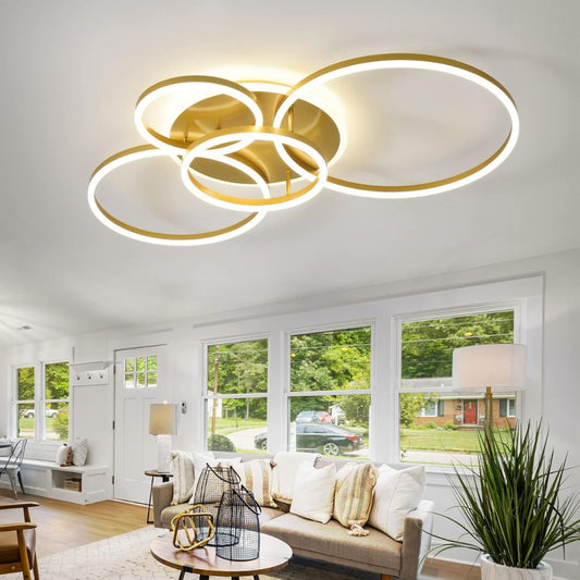 Lustra LED cu Telecomanda DARIO, 4 cercuri, 112W, Lumina Calda/Rece/Neutra, Dimabila, Auriu