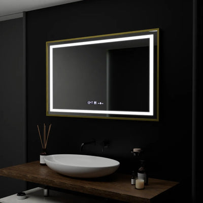 Ορθογώνιος καθρέφτης LED, 100x80cm, Verite Royale Gold Motion Glow Marcello, Σύστημα Demister, Ρολόι & Θερμόμετρο, Ρυθμιζόμενο