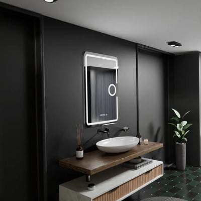 Ορθογώνιος καθρέφτης LED, 50x70cm, Eclat MotionGlow Marcello, Σύστημα Demister, Ρολόι & Θερμόμετρο, Καλλυντικός Μεγεθυντικός φακός, Ρυθμιζόμενος