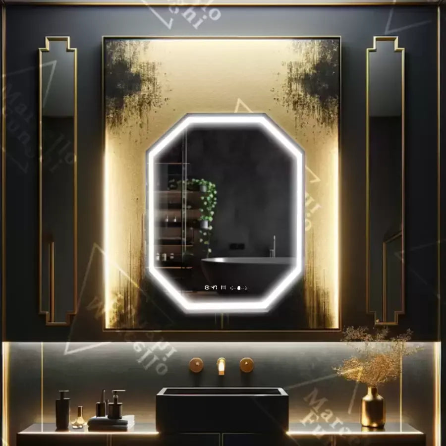 Καθρέφτης LED Polygon, 60x80cm, Αισθητήρας Ralya MotionGlow Marcello, Σύστημα αποθολώματος, Ρολόι & Θερμόμετρο, Dimabila