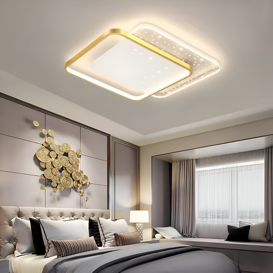 LED πολυέλαιος με τηλεχειριστήριο Gildra, 110W, 2 τετράγωνα, κρύο/ζεστό/ουδέτερο φως, άκαμπτο, χρυσό