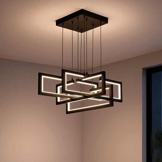 Πολυέλαιος LED με τηλεχειριστήριο, Κρεμαστό 96W, 4 Στοιχεία, Κρύο/Ζεστό/Ουδέτερο φως, Ρυθμιζόμενο, Ρυθμιζόμενο ύψος, Μαύρο