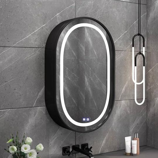 Καθρέφτης LED με Ντουλάπι, Οβάλ, 50x80cm, Ατμόσφαιρα, Κρύο/Ζεστό/Ουδέτερο φως, Μαύρο πλαίσιο, Αποθηκευτικός χώρος Ντουλάπι Καθρέφτες Προεπιλεγμένος τίτλος Alessandro Design