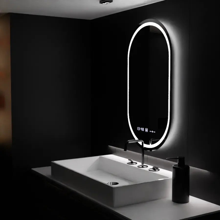 Oval LED Mirror 60x80cm Eminence Motionglow Marcellow Dimable Clock Disrosting System