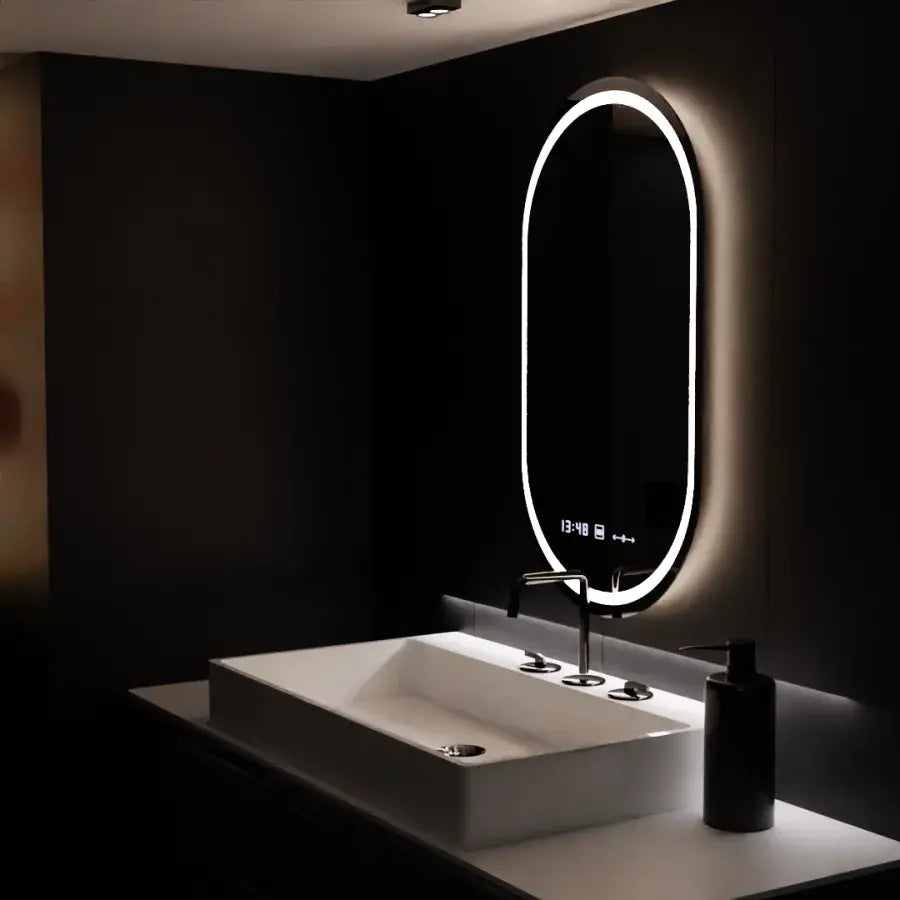 Oval LED Mirror 60x80cm Eminence Motionglow Marcellow Dimable Clock Disrosting System