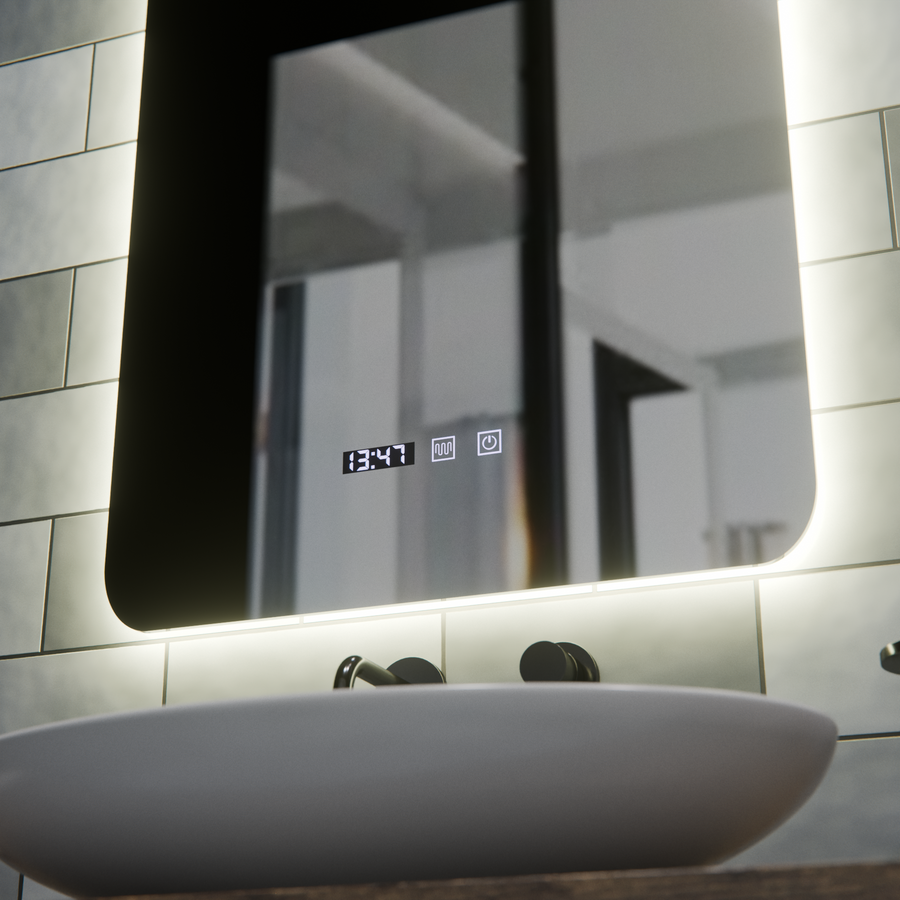 Ορθογώνιος καθρέφτης LED αφής ARTAR, 60X80cm, Σύστημα αποθάμβωσης, Ρυθμιζόμενος, Ρολόι και Θερμοκρασία, Θερμό Ουδέτερο Ψυχρό Φως 3000K/4000K/6000K