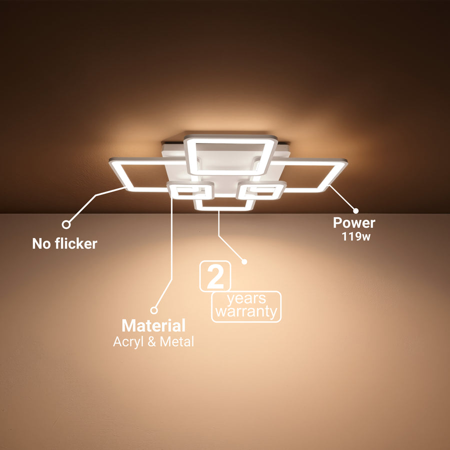 Πολυέλαιος LED με τηλεχειριστήριο ELLA 119W, 6 Τετράγωνα, Κρύο/Ζεστό/Ουδέτερο φως, Ρυθμιζόμενο, Λευκό