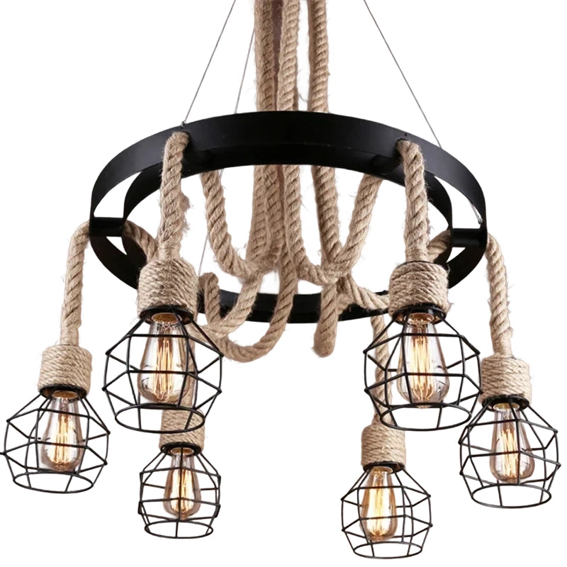 Πολυέλαιος τροχού LV580/6BK, 6xE27, καφέ, μεταλλικός και κορδόνι