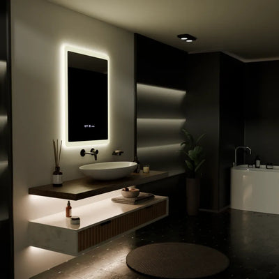 Ορθογώνιος καθρέφτης LED, 60x80cm, αισθητήρας Pugliesi MotionGlow Marcello, Σύστημα αποθαμβώματος, Ρολόι & Θερμόμετρο, Ρυθμιζόμενο