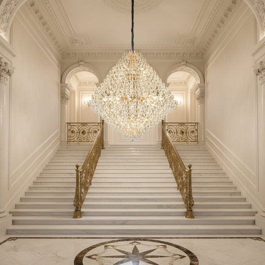 Candelabru Cristal KONIG Grande Supremo, 54xE14, D150 cm, Auriu, Inaltime Reglabila, Metal si Cristal
