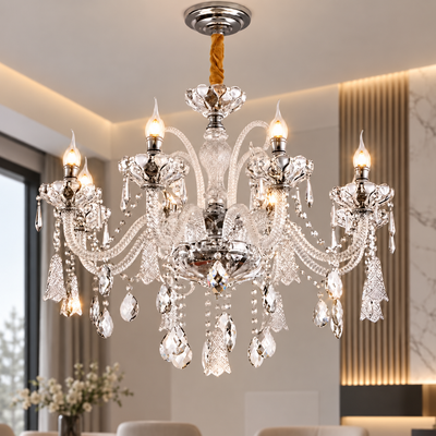 Κρυστάλλινος πολυέλαιος 8xE14, D78cm, Ασημί, Ρυθμιζόμενο ύψος, Μέταλλο και Κρύσταλλο