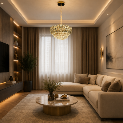 Κρυστάλλινος Πολυέλαιος BANO Eleganza, 60W, 7xE14, Ρυθμιζόμενο ύψος, Μέταλλο και Κρύσταλλο, Χρυσό