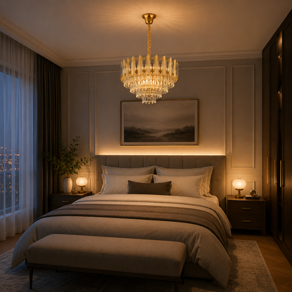 Κρυστάλλινος πολυέλαιος BUCKINGHAM Eleganza 8x E14, Διάμετρος 50cm, Γυαλιστερό Χρυσό, Ρυθμιζόμενο Ύψος