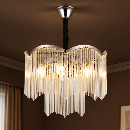Κρυστάλλινος πολυέλαιος MEKELLE Elegance, 8x E14, Διάμετρος 50cm, Μέταλλο και Κρύσταλλο, Γυαλιστερό χρώμιο, Ρυθμιζόμενο ύψος