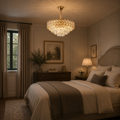Crystal Chandelier VECTOR Eleganza 8xE14, Διάμετρος 48cm, Γυαλιστερό Χρυσό, Ρυθμιζόμενο Ύψος, Μέταλλο και Κρύσταλλο