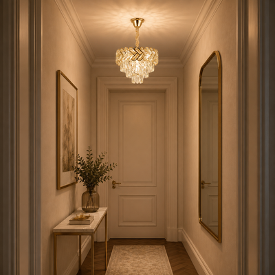Crystal Chandelier VECTOR Nobile 5xE14, Διάμετρος 39cm, Γυαλιστερό Χρυσό, Ρυθμιζόμενο Ύψος, Μέταλλο και Κρύσταλλο