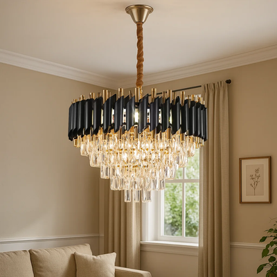 Κρυστάλλινος Πολυέλαιος VERSAILLES Eleganza 8x E14, Διάμετρος 50cm, Μαύρο, Γυαλιστερό Χρυσό, Ρυθμιζόμενο Ύψος