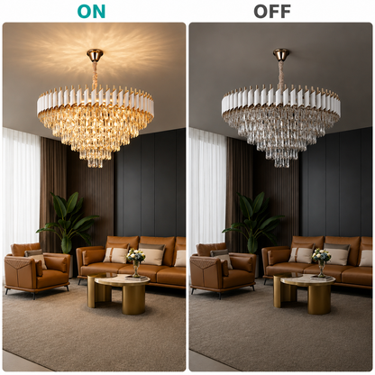 VERSAILLES Supremo Crystal Chandelier 12xE14, Διάμετρος 80cm, Γυαλιστερό Χρυσό και Λευκό, Ρυθμιζόμενο Ύψος