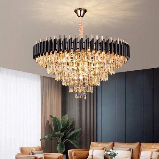 Crystal Chandelier VERSAILLES Supremo 12xE14, Διάμετρος 80cm, Γυαλιστερό Χρυσό και Μαύρο, Ρυθμιζόμενο Ύψος