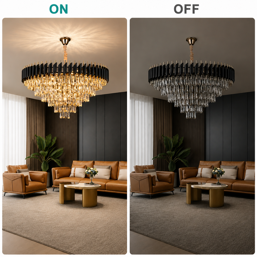 Crystal Chandelier VERSAILLES Supremo 12xE14, Διάμετρος 80cm, Γυαλιστερό Χρυσό και Μαύρο, Ρυθμιζόμενο Ύψος