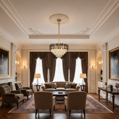 Crystal Chandelier AURUM Elegance 9xE14, Διάμετρος 50cm, Ύψος 35cm, Γυαλιστερό Χρυσό, Ρυθμιζόμενο Ύψος, Κομψή σχεδίαση