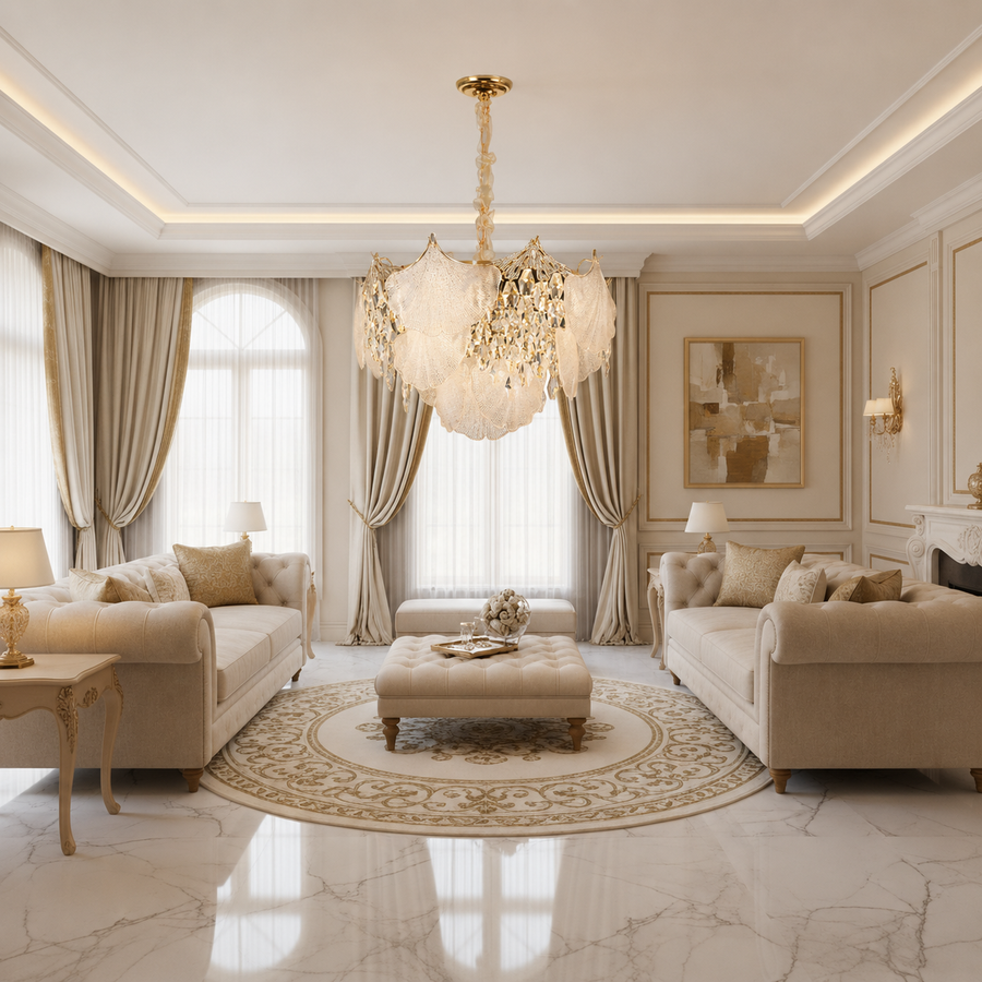 Crystal Chandelier LUXE Elegance 9xE14, Διάμετρος 50cm, Ύψος 33cm, Γυαλιστερό χρυσό, Ρυθμιζόμενο ύψος, Κομψή σχεδίαση Crystal Chandeliers Προεπιλεγμένος τίτλος Alessandro Design