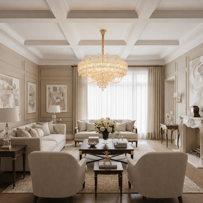 Crystal Chandelier CROWN Elegance 9xE14, Διάμετρος 50cm, Ύψος 41cm, Γυαλιστερό χρυσό, Ρυθμιζόμενο ύψος, Κομψή σχεδίαση Crystal Chandelier Προεπιλεγμένος τίτλος Alessandro Design
