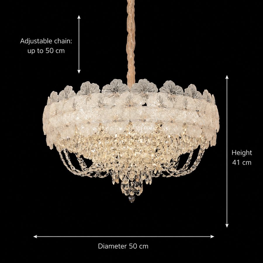 Crystal Chandelier CROWN Elegance 9xE14, Διάμετρος 50cm, Ύψος 41cm, Γυαλιστερό χρυσό, Ρυθμιζόμενο ύψος, Κομψή σχεδίαση Crystal Chandelier Προεπιλεγμένος τίτλος Alessandro Design