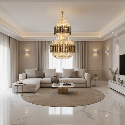 Candelabru Cristal VELIOR Regalis 29xE14, D80 cm, Auriu, Inaltime Reglabila, Metal si Cristal