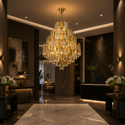 Candelabru Cristal TIER Magno 13xE14, D60 cm, Auriu, Inaltime Reglabila, Metal si Cristal